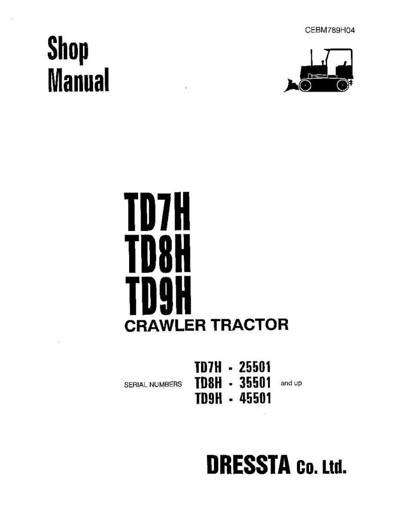 K&ouml;nnte beinhalten: Ein wei&szlig;es Shop-Handbuch-Cover mit schwarzem Text und einer kleinen schwarzen Illustration eines Raupentraktors. Der Titel des Handbuchs lautet "Shop Manual". Das Handbuch behandelt TD7H, TD8H und TD9H Raupentraktoren.