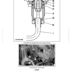 May include: Diagram of a control cable assembly, labeled LX1041284, with a cutaway view showing internal components. Includes a photograph of the control cable installed, labeled LX1041285. A legend identifies parts like the spool, grooved ring, and control cable.
