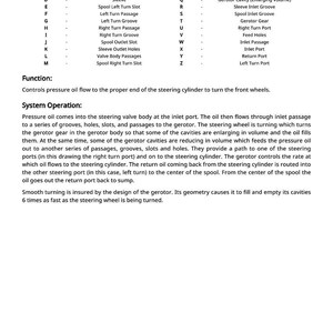 May include: Diagram of a steering valve body with labels and descriptions. Includes a legend with terms like "Center of Spool" and "Gerotor Cavity." Text explains the function and system operation of the steering mechanism.