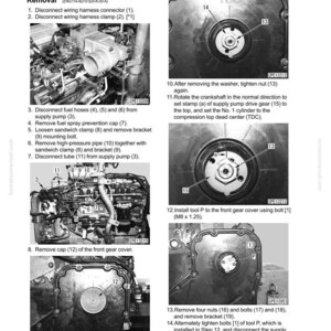 May include: A detailed diagram from a manual showing the removal and installation procedure for a supply pump unit. The image includes close-up photos of engine components, with labels and instructions for each step. Text includes "Removal" and "Disassembly and assembly."