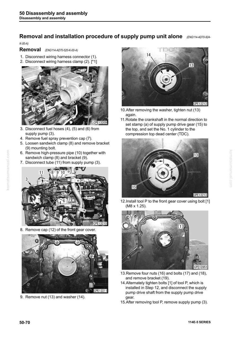 May include: A detailed diagram from a manual showing the removal and installation procedure for a supply pump unit. The image includes close-up photos of engine components, with labels and instructions for each step. Text includes "Removal" and "Disassembly and assembly."