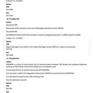 May include: A white page with black text detailing diagnostic procedures for machinery. The text includes instructions, voltage measurements, and troubleshooting steps. The document is from greenfarmmanuals.com.