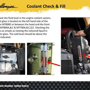 May include: Diagram illustrating how to check coolant levels in an engine, with the text "Coolant Check & Fill". Instructions are provided for using a sight glass to check the fluid level. The image includes close-ups of the sight glass and engine components.