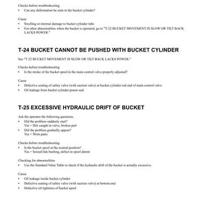 May include: A troubleshooting guide with the title "T-23 BUCKET MOVEMENT BECOMES SLOW" and "T-24 BUCKET CANNOT BE PUSHED WITH BUCKET CYLINDER". The document includes checklists, causes, and questions related to bucket operation and hydraulic drift.