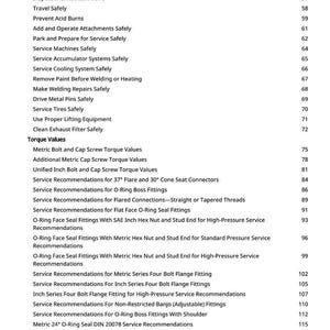 May include: A detailed contents page from a manual, listing safety procedures and service recommendations. Topics include operating loaders, maintaining ROPS, and service recommendations for various fittings.