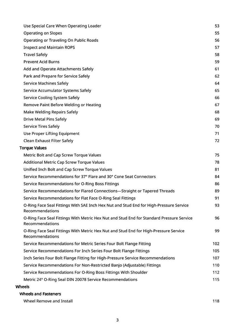 May include: A detailed contents page from a manual, listing safety procedures and service recommendations. Topics include operating loaders, maintaining ROPS, and service recommendations for various fittings.