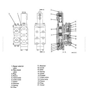 May include: Technical diagram illustrating a ripper selector valve and pilot check valve, featuring detailed sectional views and component labels. The diagram provides multiple perspectives of the valve assembly, with part callouts.