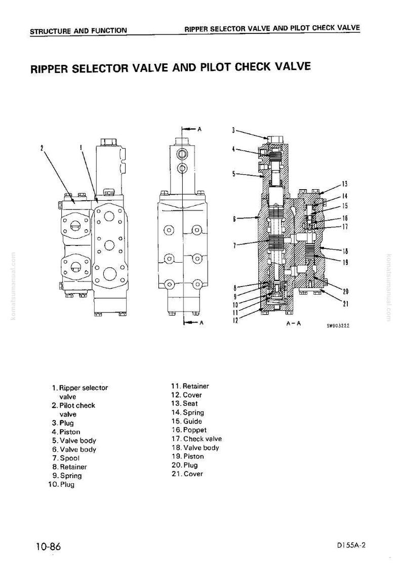 May include: Technical diagram illustrating a ripper selector valve and pilot check valve, featuring detailed sectional views and component labels. The diagram provides multiple perspectives of the valve assembly, with part callouts.
