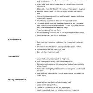 May include: A page from a safety manual with the title "Safety and accident prevention regulations." The text includes instructions on vehicle operation, safety equipment, and procedures for starting, leaving, and jacking up the vehicle.