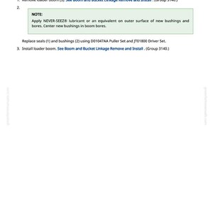 May include: A page from a manual with text and diagrams. The text includes instructions for removing and installing a loader boom, with notes on applying lubricant and replacing seals and bushings. The page number is 407.