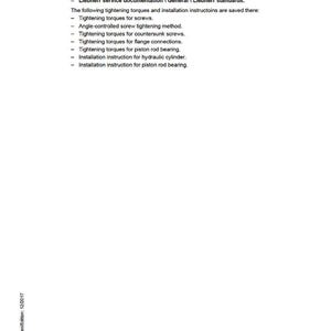 May include: A white service manual page titled "Standards and regulations" with a list of technical instructions. The Liebherr logo is at the bottom. Text includes "Tightening torques for screws" and "Installation instruction for piston rod bearing."