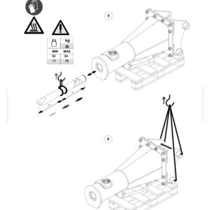 K&ouml;nnte beinhalten: Technische Zeichnung eines Komatsu-Maschinenteils, die eine gro&szlig;e Metallstruktur mit zylindrischem Ende und verschraubten Verbindungen zeigt. Die Zeichnung enth&auml;lt Gewichtsangaben in kg und lb, Sicherheitssymbole und einen Haken zum Heben.