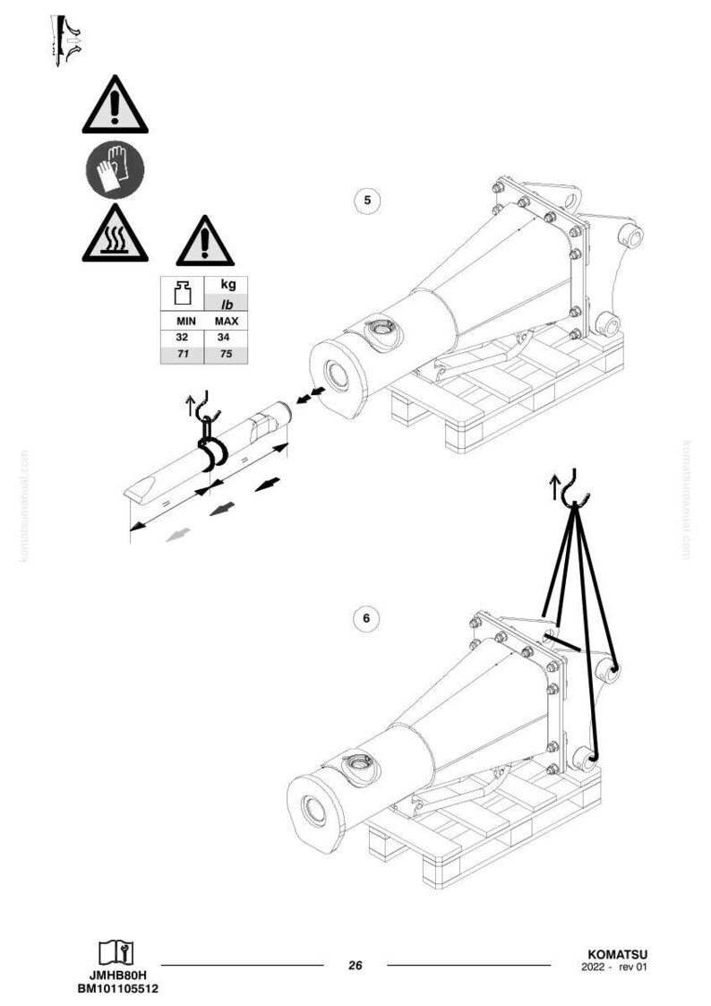 K&ouml;nnte beinhalten: Technische Zeichnung eines Komatsu-Maschinenteils, die eine gro&szlig;e Metallstruktur mit zylindrischem Ende und verschraubten Verbindungen zeigt. Die Zeichnung enth&auml;lt Gewichtsangaben in kg und lb, Sicherheitssymbole und einen Haken zum Heben.