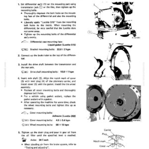 Pode incluir: Um diagrama t&eacute;cnico em preto e branco que detalha a instala&ccedil;&atilde;o de um diferencial. O diagrama inclui instru&ccedil;&otilde;es de texto, ilustra&ccedil;&otilde;es de componentes mec&acirc;nicos e especifica&ccedil;&otilde;es para parafusos e juntas. O texto inclui a frase "INSTALLATION OF DIFFERENTIAL".