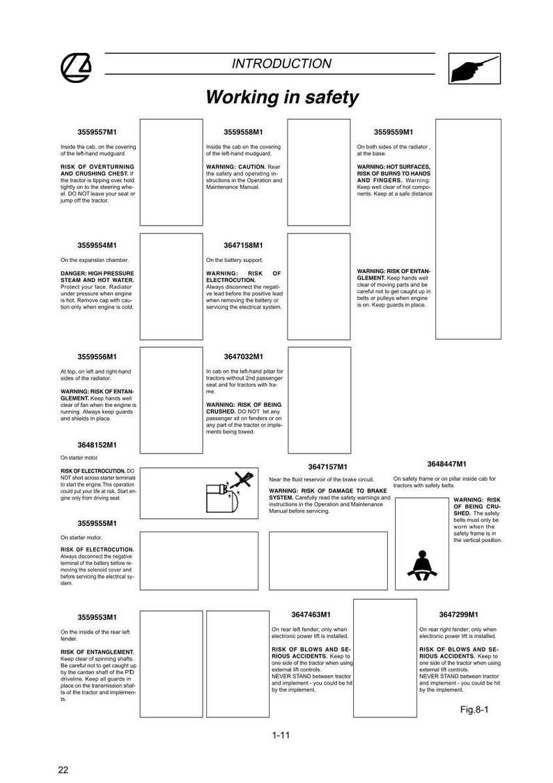 Puede incluir: Una p&aacute;gina de un manual titulada "INTRODUCCI&Oacute;N Trabajando en seguridad" con advertencias de seguridad y diagramas. Las advertencias incluyen riesgos de aplastamiento, quemaduras y enredos. La p&aacute;gina tiene diagramas y texto en negro.