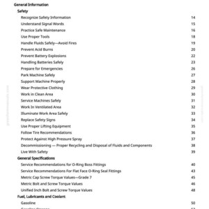 May include: A printed table of contents from a manual, with a white background and black text. The headings include "Safety," "Fuel, Lubricants and Coolant," and "General Specifications." Page numbers are listed on the right.