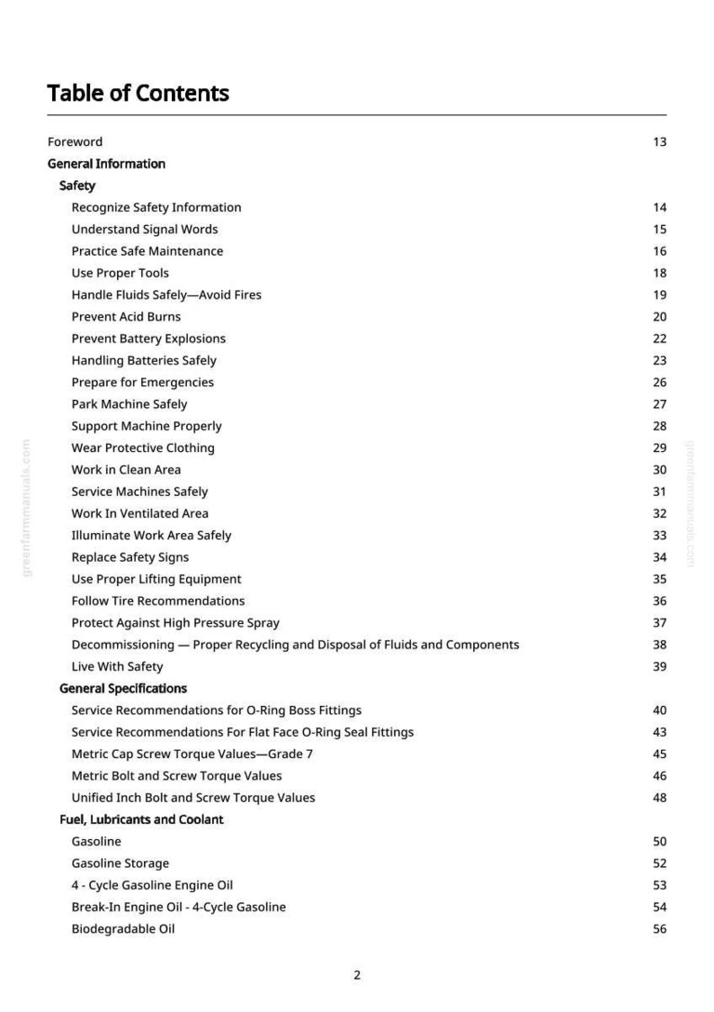 May include: A printed table of contents from a manual, with a white background and black text. The headings include "Safety," "Fuel, Lubricants and Coolant," and "General Specifications." Page numbers are listed on the right.