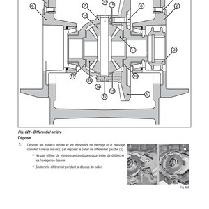 Op de afbeelding: Technische diagram van een mechanische component, mogelijk voor een auto, met genummerde onderdelen. De afbeelding bevat doorsneden en Franse tekst, wat wijst op een technisch handboek.