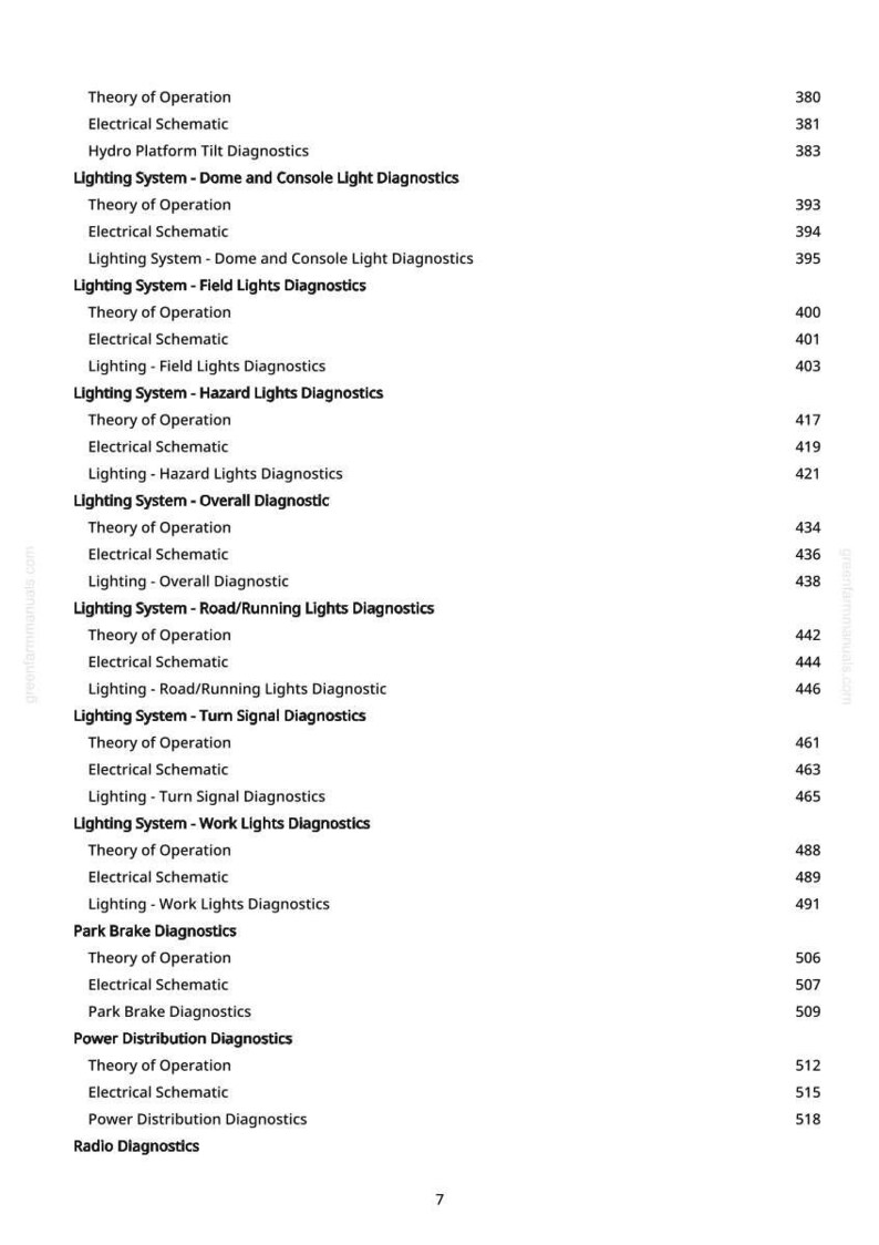 May include: A white page with a list of automotive lighting system diagnostics, including dome, console, field, hazard, overall, road/running, turn signal, and work lights. Each section includes theory of operation and electrical schematic.