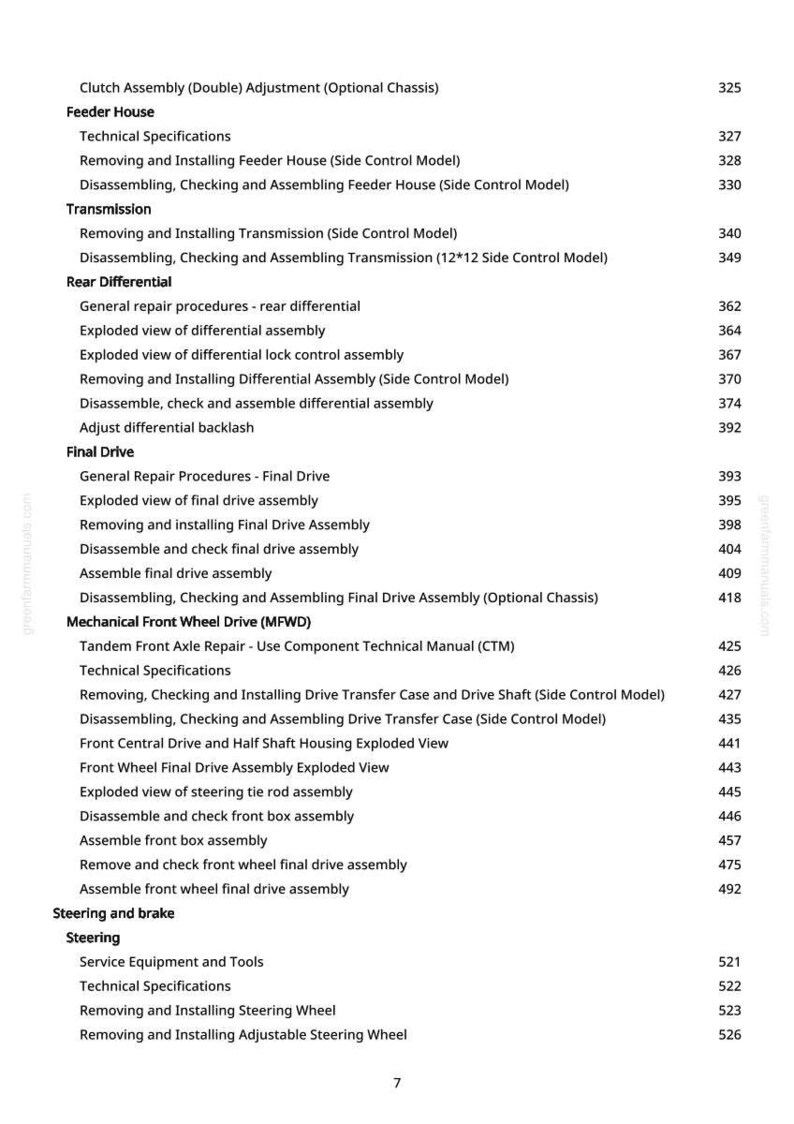 May include: A technical manual page with a list of contents. Terms include "Clutch Assembly," "Feeder House," "Transmission," and "Final Drive." Page numbers are displayed on the right-hand side.
