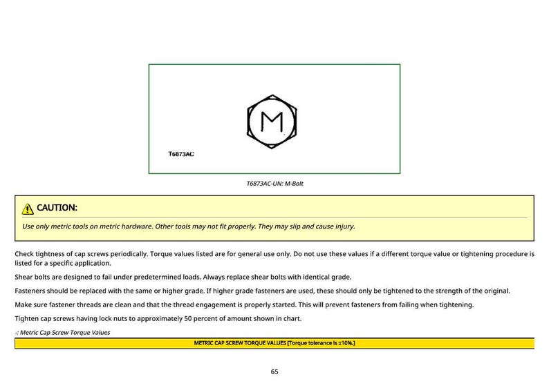 May include: A page from a technical manual with a green border, featuring a hexagonal logo with the letter "M" inside. The text includes a caution about using metric tools and instructions for fasteners.