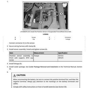 May include: Diagram illustrating the installation of a position sensor on a suspended front-wheel drive axle. Includes labeled components, torque specifications (40 lb-ft), and safety instructions for battery reconnection.