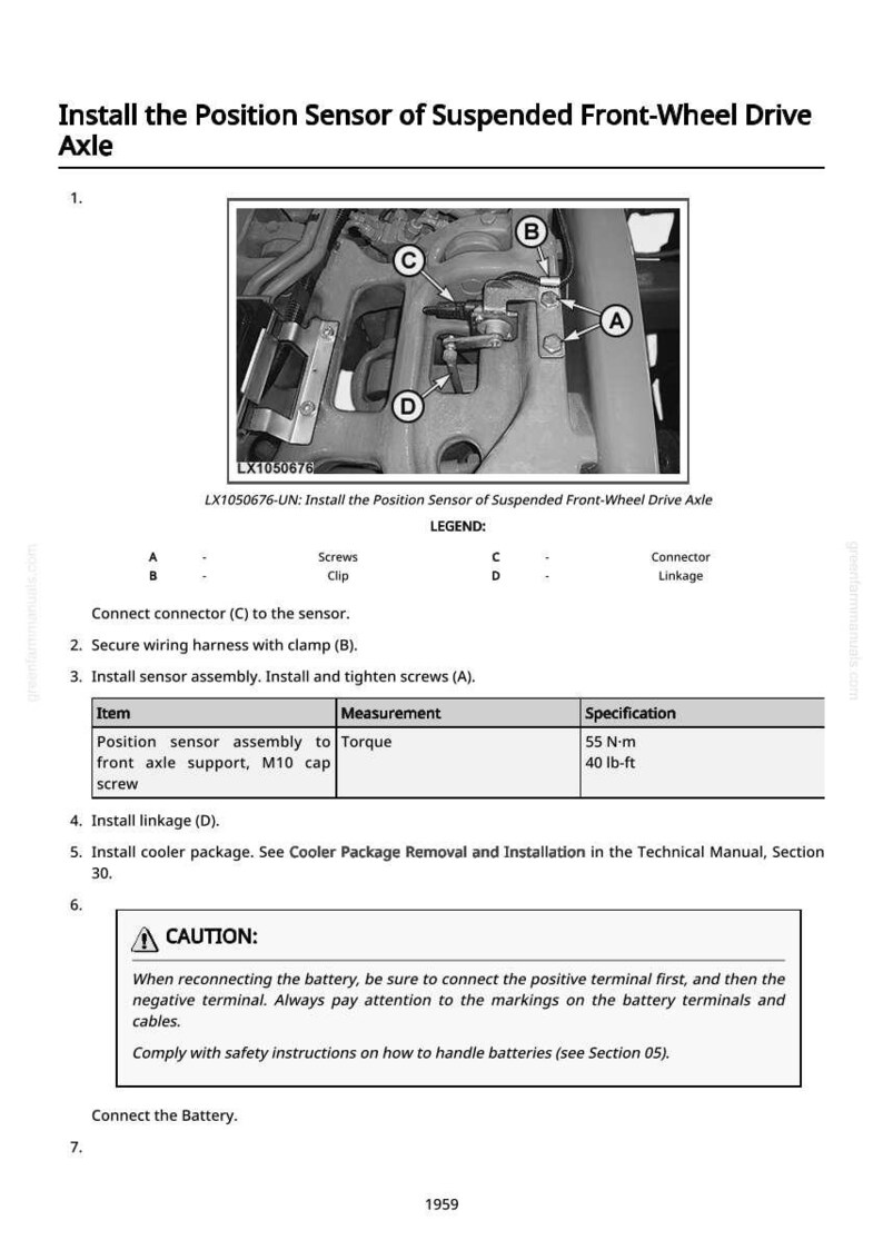 May include: Diagram illustrating the installation of a position sensor on a suspended front-wheel drive axle. Includes labeled components, torque specifications (40 lb-ft), and safety instructions for battery reconnection.