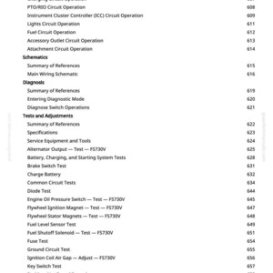 May include: A page from a manual with a list of automotive electrical system tests and adjustments. The text includes topics like "Power Circuit Operation," "Battery, Charging, and Starting System Tests," and "Fuel Level Sensor Test."