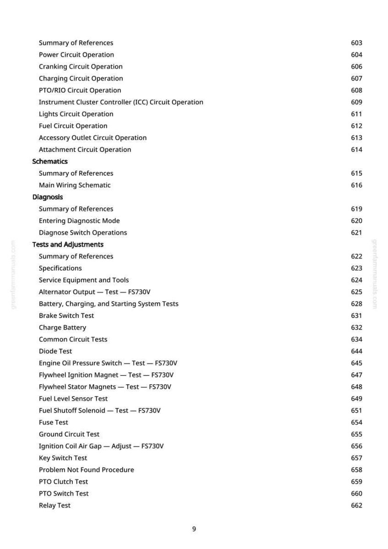 May include: A page from a manual with a list of automotive electrical system tests and adjustments. The text includes topics like "Power Circuit Operation," "Battery, Charging, and Starting System Tests," and "Fuel Level Sensor Test."