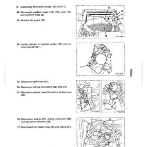 May include: Diagram of engine disassembly and assembly instructions. The image shows various engine components, including hoses, wiring, and a fan guard, with numbered labels for each part. The text includes steps for disconnecting and removing parts.