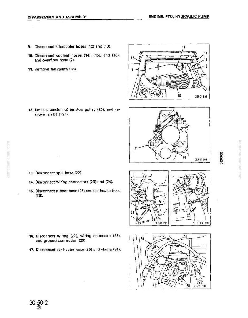May include: Diagram of engine disassembly and assembly instructions. The image shows various engine components, including hoses, wiring, and a fan guard, with numbered labels for each part. The text includes steps for disconnecting and removing parts.