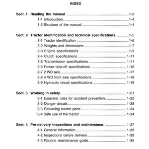 Puede incluir: Una p&aacute;gina de manual con los t&iacute;tulos "INTRODUCTION" e "INDEX". El &iacute;ndice enumera secciones sobre la lectura del manual, la identificaci&oacute;n del tractor, el trabajo seguro y las inspecciones previas a la entrega. La p&aacute;gina es blanca con texto negro.