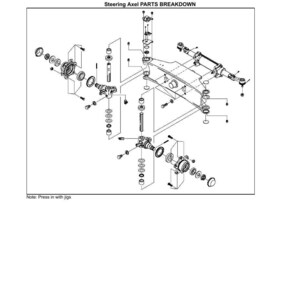 Op de afbeelding: Diagram van een explosietekening van de onderdelen van de stuuras. Het diagram bevat verschillende componenten zoals lagers, bouten en andere mechanische onderdelen. Tekst bevat "STEERING SYSTEM", "STEERING AXLE" en "Steering Axel PARTS BREAKDOWN".