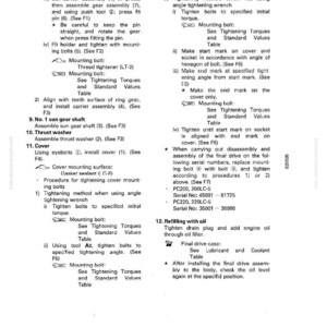 May include: A detailed technical manual page with text and diagrams. Instructions include assembling parts, tightening bolts, and refilling with oil. The page features tables for torque values and serial numbers.