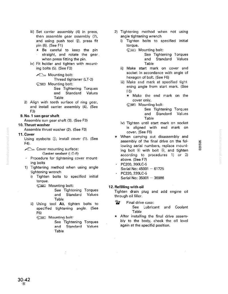 May include: A detailed technical manual page with text and diagrams. Instructions include assembling parts, tightening bolts, and refilling with oil. The page features tables for torque values and serial numbers.
