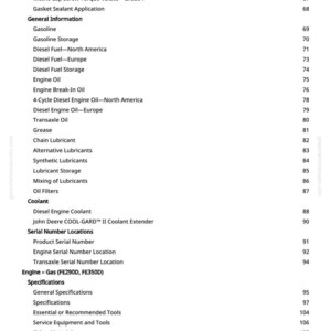 Pu&ograve; includere: Un documento con sfondo bianco che presenta un sommario di argomenti relativi ai motori. Gli argomenti includono "Benzina", "Olio motore" e "Liquido di raffreddamento". I numeri di pagina sono indicati a destra.