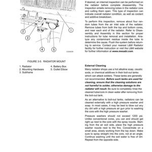 May include: Diagram of a radiator mount with numbered components: radiator, mounting hardware, subframe, battery box, and outlet elbow. Text details radiator repair, internal inspection, and external cleaning procedures. Includes a diagram labeled "Figure 3-5. Radiator Mount."
