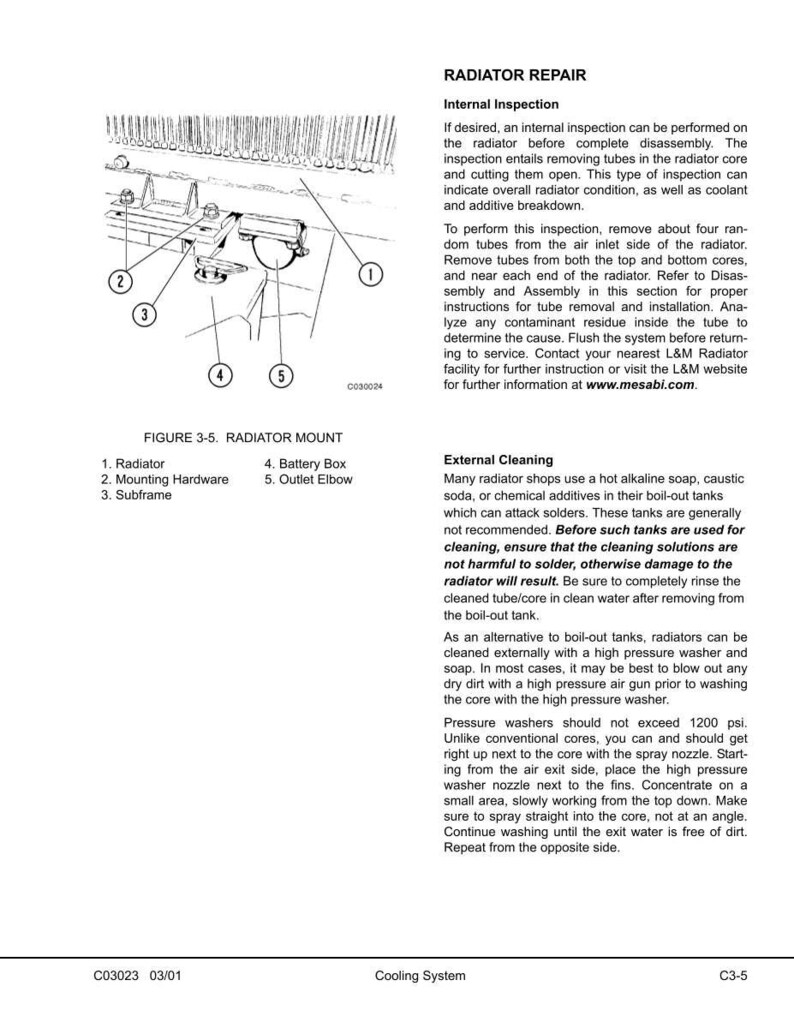 May include: Diagram of a radiator mount with numbered components: radiator, mounting hardware, subframe, battery box, and outlet elbow. Text details radiator repair, internal inspection, and external cleaning procedures. Includes a diagram labeled "Figure 3-5. Radiator Mount."