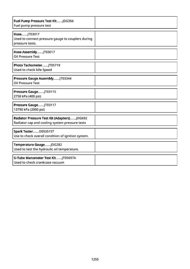 May include: A white document with a list of automotive testing tools, including a fuel pump pressure test kit, hoses, and pressure gauges. The document provides descriptions for each tool.