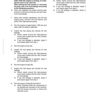 May include: A page from a manual detailing how to test a fuel system for leakage. The text includes instructions on checking for leaks, using a color checker, and running the engine at different speeds.