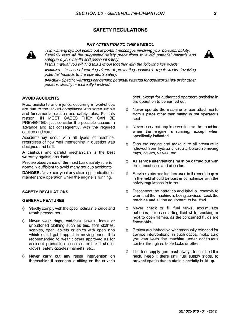 Puede incluir: Una p&aacute;gina de un manual con normas de seguridad, incluyendo advertencias y caracter&iacute;sticas generales. El texto incluye instrucciones para evitar accidentes y garantizar la operaci&oacute;n segura de la maquinaria. El documento tiene un s&iacute;mbolo de advertencia y est&aacute; fechado 01-2012.