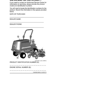 May include: An illustration of a green and gray wide area mower, model 1600 Turbo PIN (200001-). The image includes spaces to record the date of purchase, dealer name, and dealer phone. It also shows where to record the product identification and engine serial numbers.