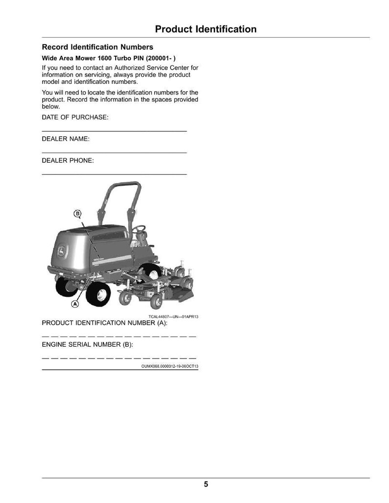 May include: An illustration of a green and gray wide area mower, model 1600 Turbo PIN (200001-). The image includes spaces to record the date of purchase, dealer name, and dealer phone. It also shows where to record the product identification and engine serial numbers.