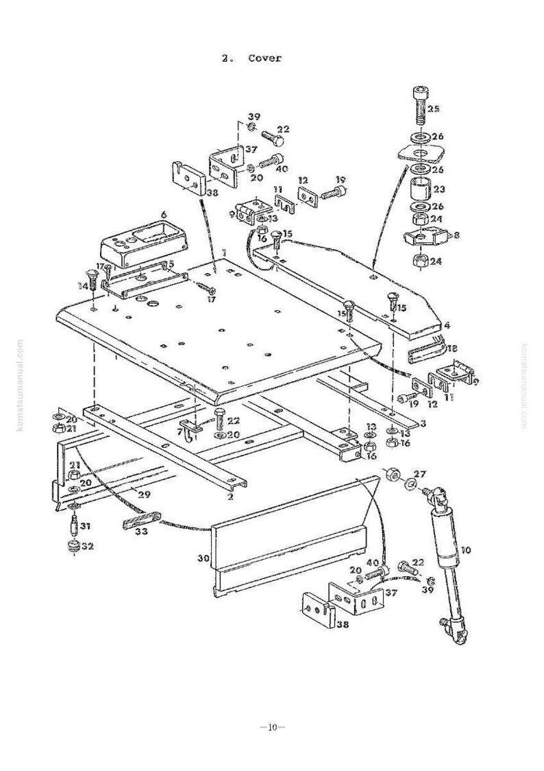 May include: An exploded diagram of mechanical components, including a cover, brackets, bolts, and a hydraulic cylinder. The image is a technical illustration with labels and numbers, likely from a manual.