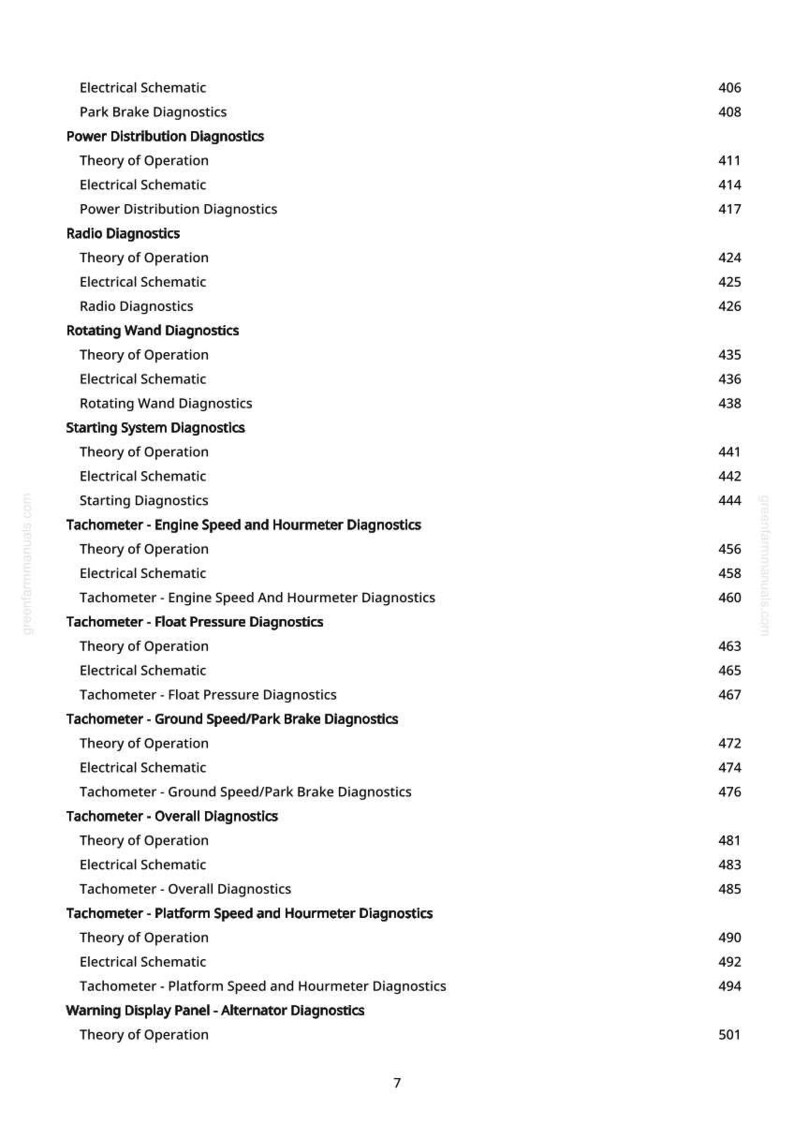 May include: A page from a manual with a table of contents. The text includes topics like "Electrical Schematic", "Power Distribution Diagnostics", and "Tachometer - Engine Speed and Hourmeter Diagnostics". Page number 7 is visible at the bottom.