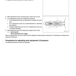 Peut inclure: Une image d'un manuel technique d&eacute;taillant les proc&eacute;dures d'ajustement de la pression des &eacute;quipements de travail. L'image comprend des instructions textuelles, un sch&eacute;ma d'une valve et des sp&eacute;cifications de mesure en Nm et MPa.