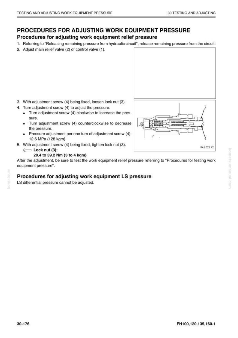 Peut inclure: Une image d'un manuel technique d&eacute;taillant les proc&eacute;dures d'ajustement de la pression des &eacute;quipements de travail. L'image comprend des instructions textuelles, un sch&eacute;ma d'une valve et des sp&eacute;cifications de mesure en Nm et MPa.