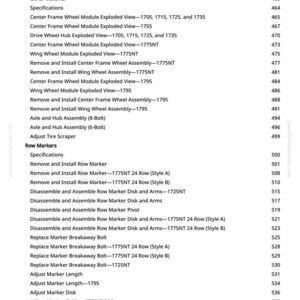 May include: A detailed contents page from a manual, listing repair and assembly procedures for agricultural machinery. The text includes terms like "Wheel Module Repair," "Row Markers," and "Loading Platform and Hitch."
