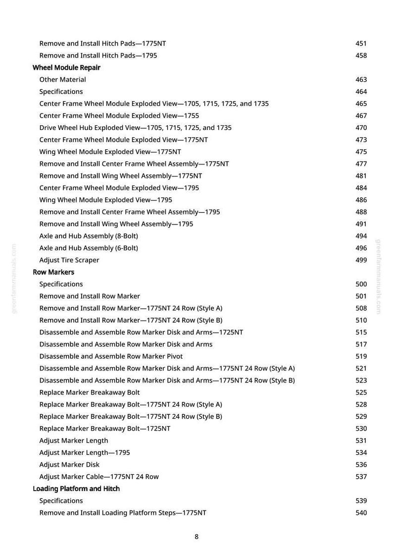 May include: A detailed contents page from a manual, listing repair and assembly procedures for agricultural machinery. The text includes terms like "Wheel Module Repair," "Row Markers," and "Loading Platform and Hitch."