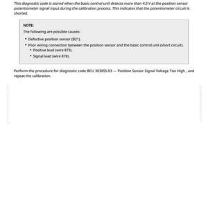 Puede incluir: Documento t&eacute;cnico titulado "BCU 303255.03 - Voltaje de se&ntilde;al del sensor de posici&oacute;n demasiado alto durante la calibraci&oacute;n". Enumera las posibles causas del c&oacute;digo de diagn&oacute;stico, como un sensor defectuoso.